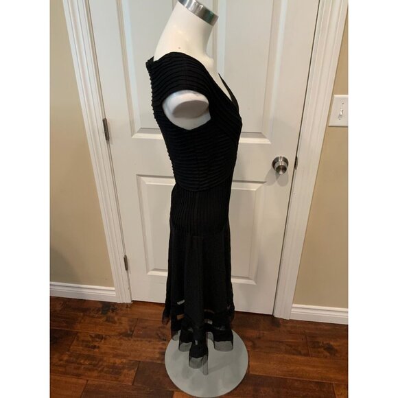 Tadashi Black Ribbed Sleeveless Dress w/ Tulle Hem, Size XS - Picture 4 of 7
